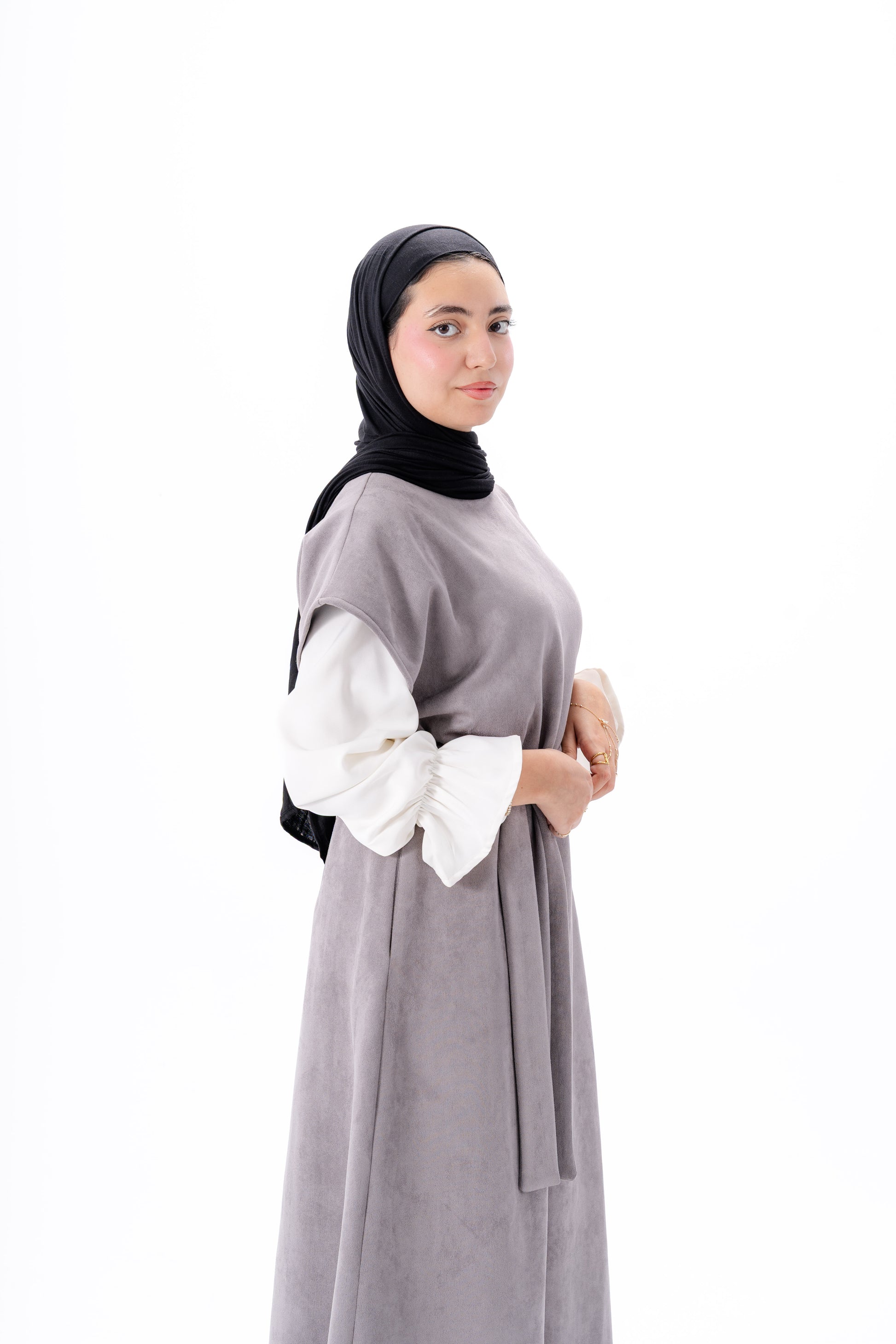 Layered White Sleeve Dress -Gray