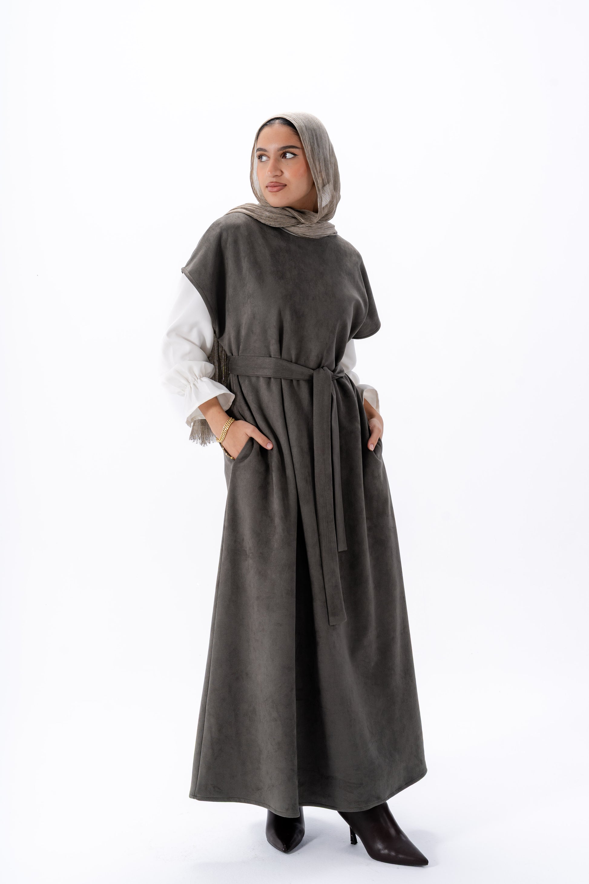 Layered White Sleeve Dress -Olive